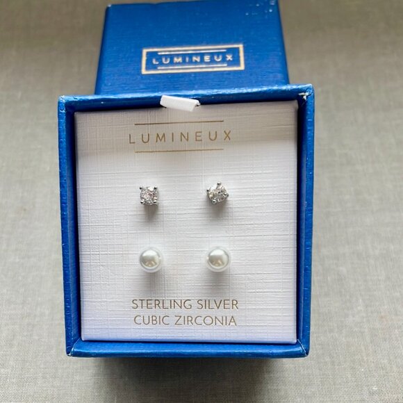NEW Lumineux Sterling Silver Set of 2 Earrings Cubic Zirconia White Pearl - Picture 2 of 6